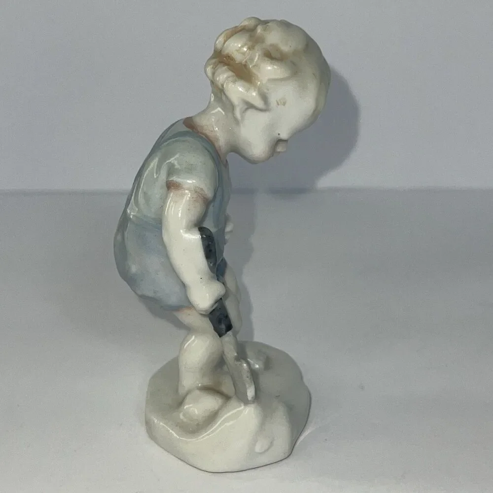Vintage Porcelain Little Boy With Shovel Overalls Knickknack Made In Japan